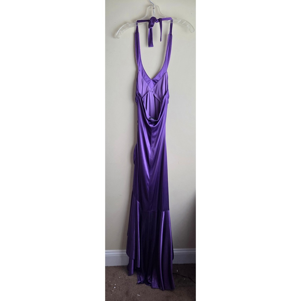 Jodi Kristopher Purple Satin Halter Gown Beaded Sequin High Low Prom Dress Small